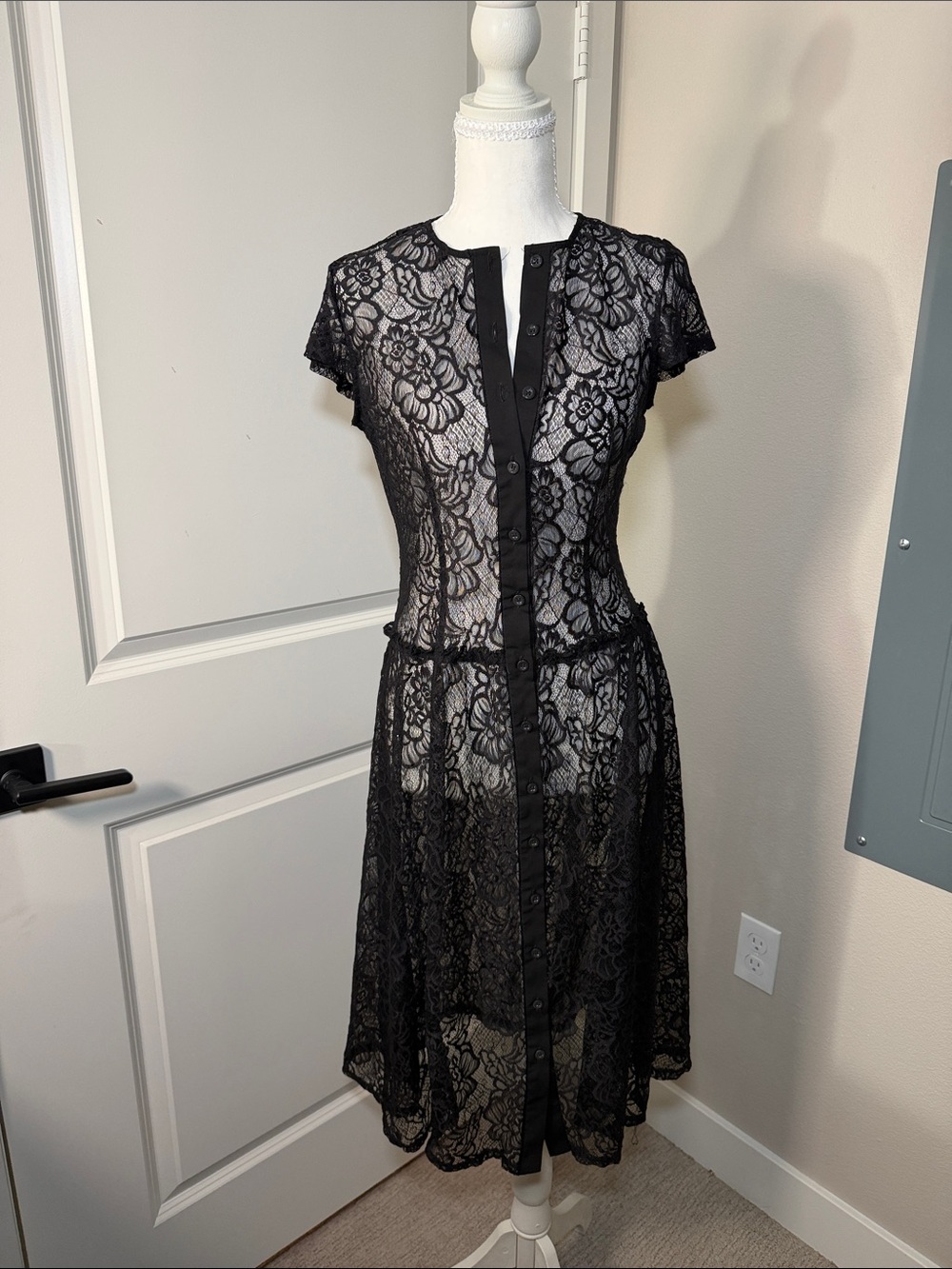 Black Lace Button-Up Sheer Bathing suit cover.